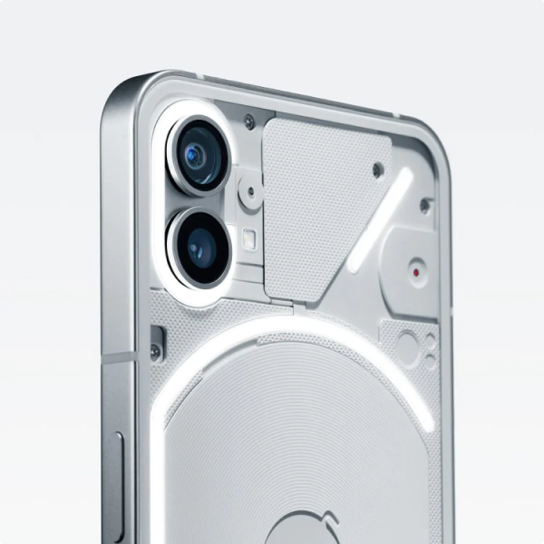 A close-up of the upper back of a white Nothing Phone, showing the dual-lens camera system and illuminated Glyph Interface LED strips integrated into the transparent casing.