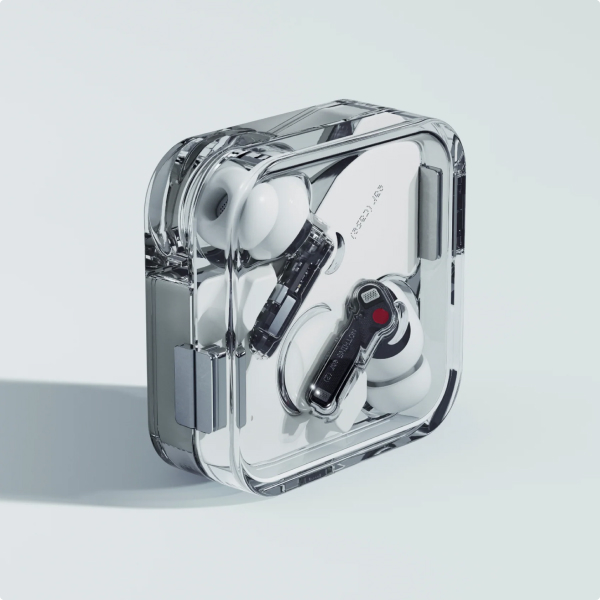 A pair of Nothing Ear (2) wireless earbuds with transparent stems resting inside their signature square, transparent charging case against a light gray background.